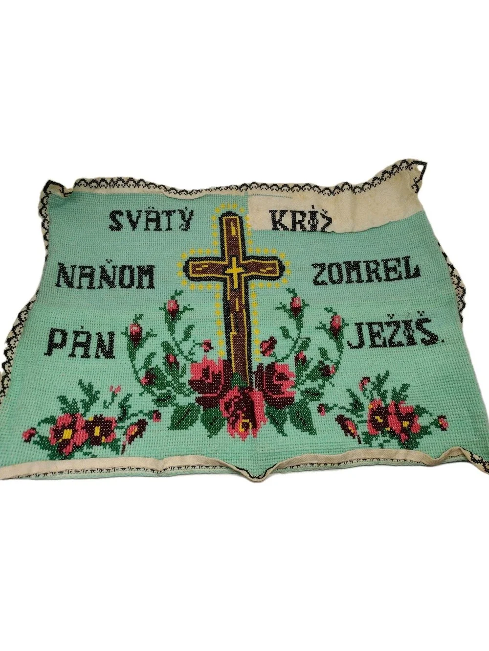 Vintage 40s Slovak Christian Needlepoint Holy Cross Jesus Roses Folk Art Textile